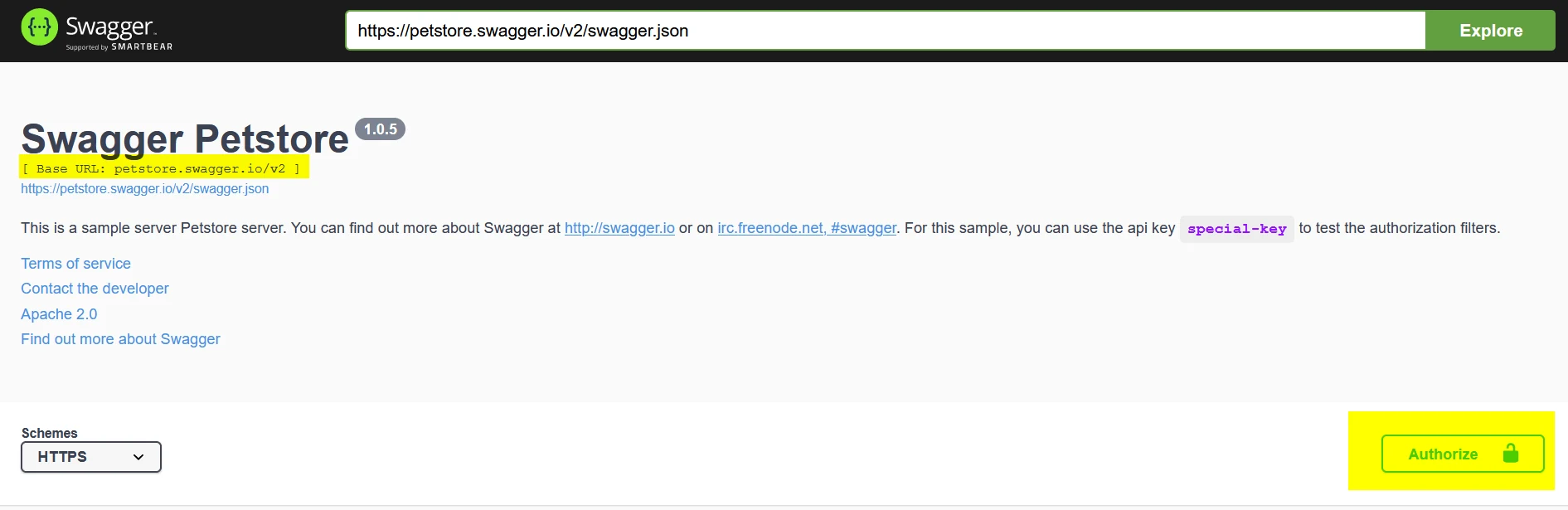 Swagger UI de la Petstore: URL base y botón Authorize