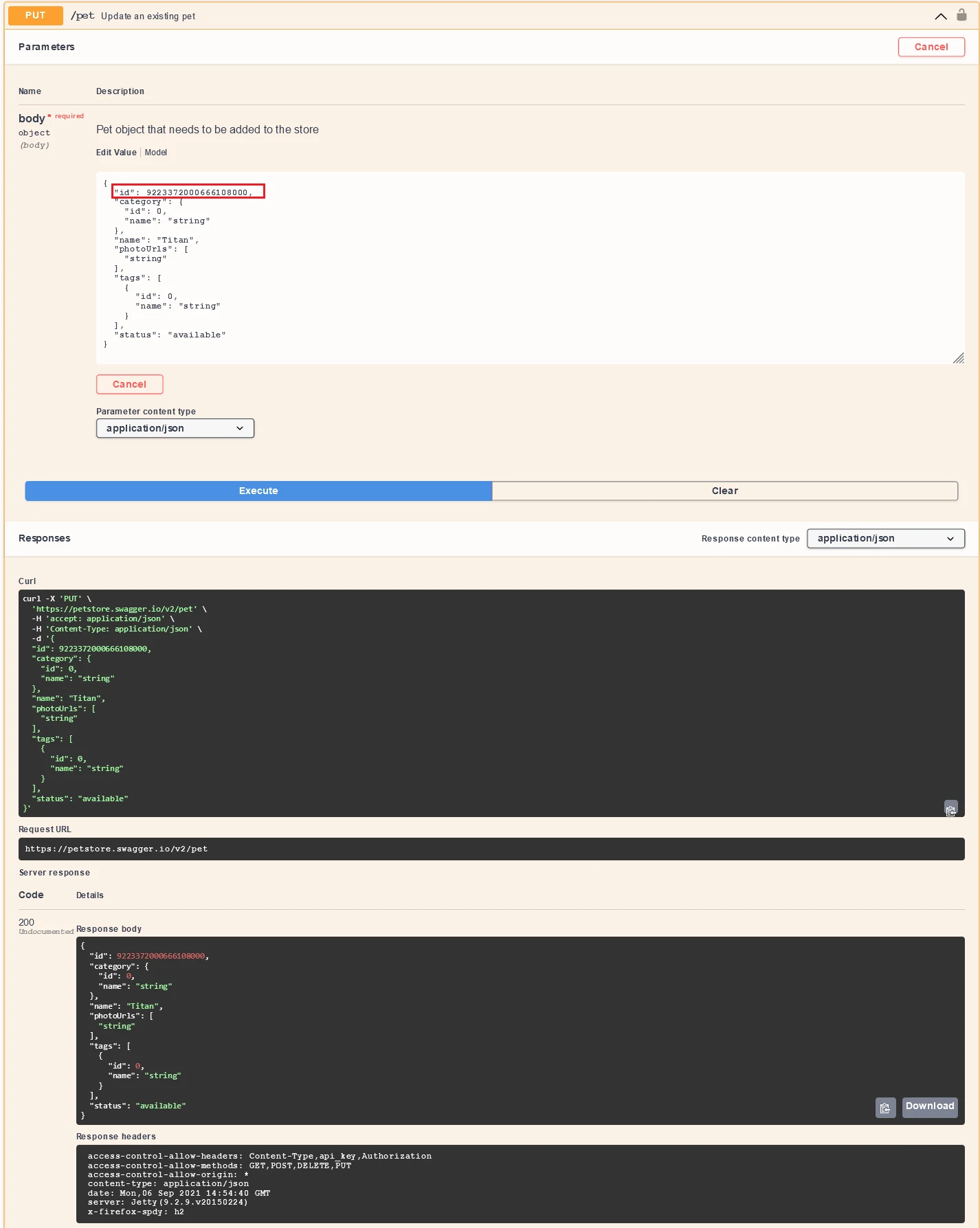 Método PUT en Swagger UI