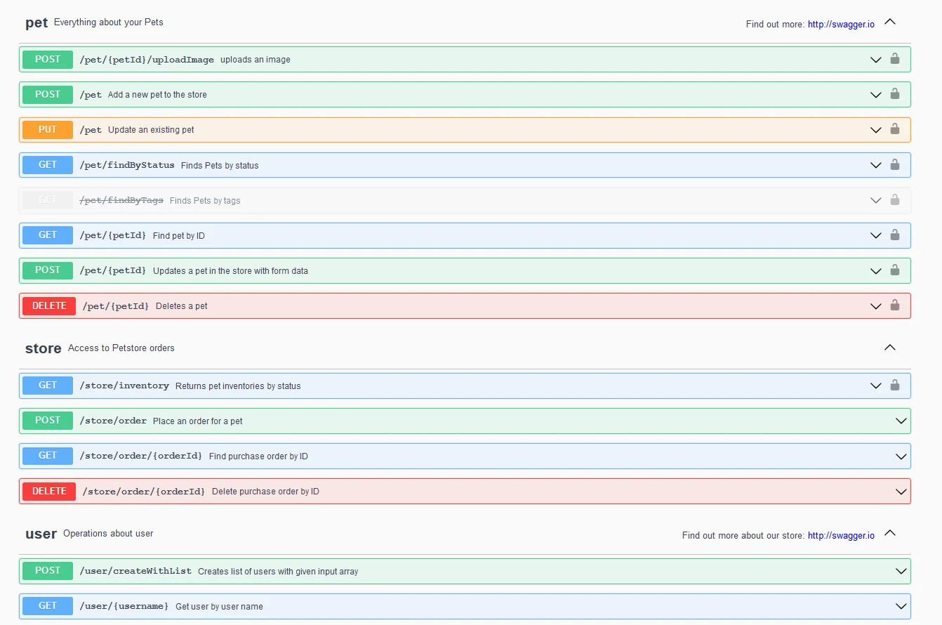 Listado de endpoints y métodos en Swagger UI