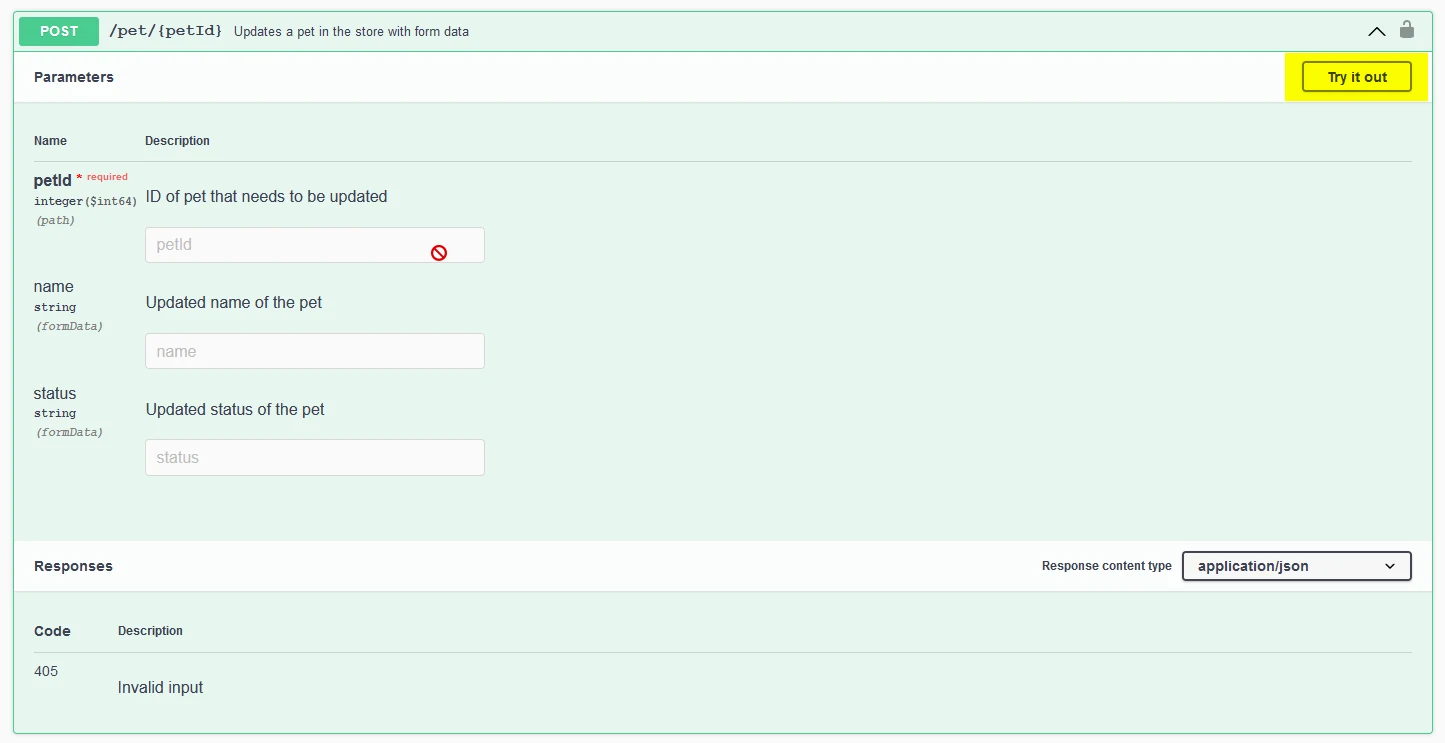 Botón Try it out en Swagger UI
