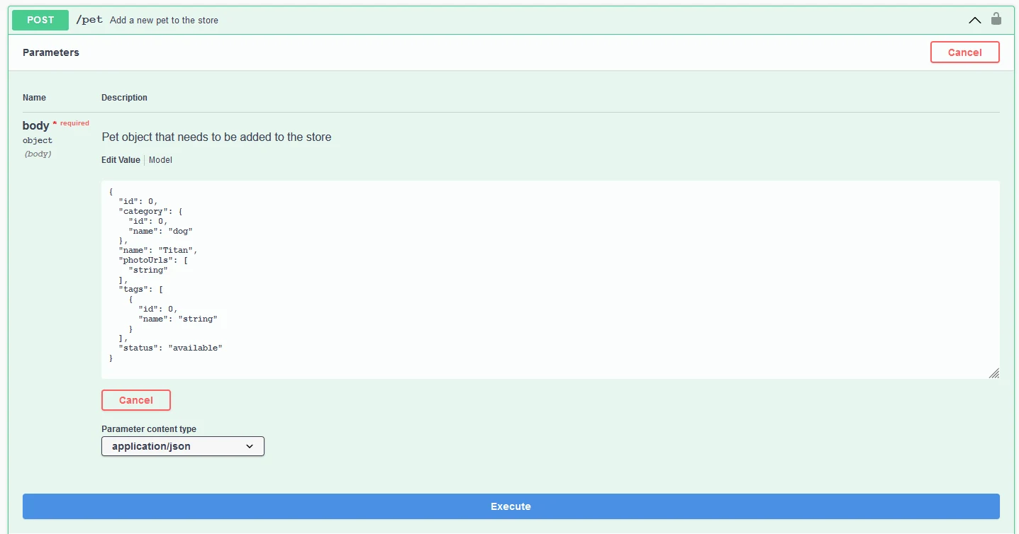 Método POST con body JSON en Swagger UI