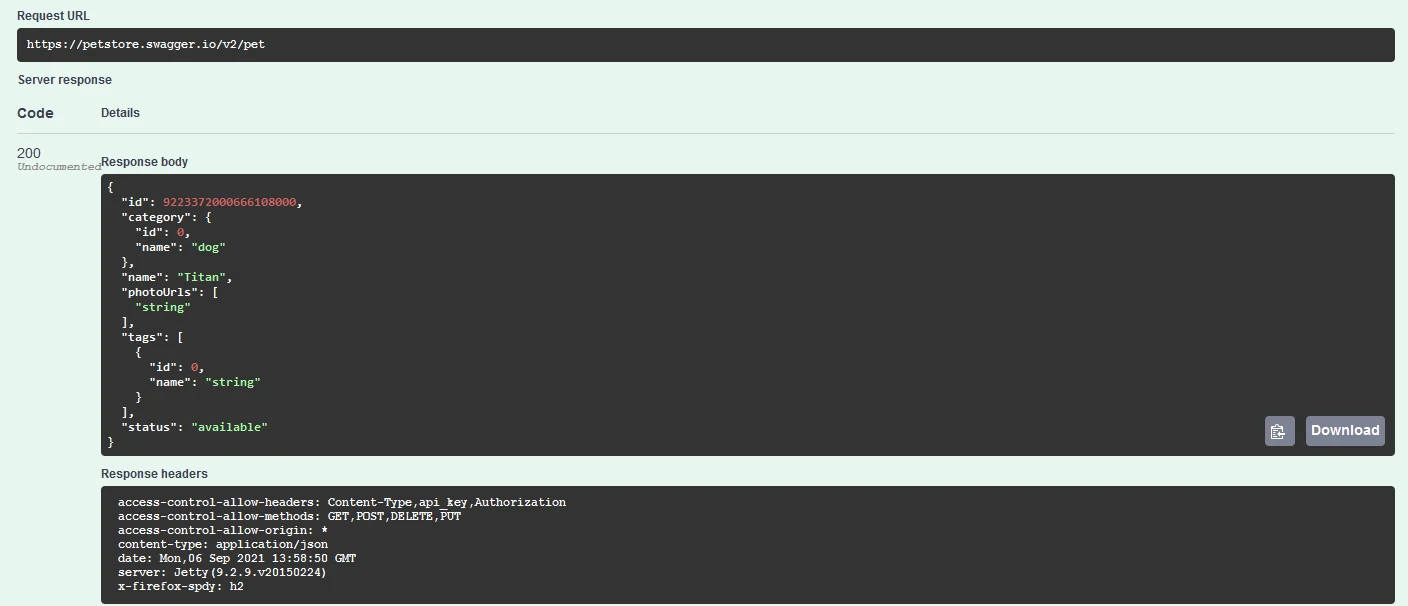 Respuesta 200 del POST en Swagger UI