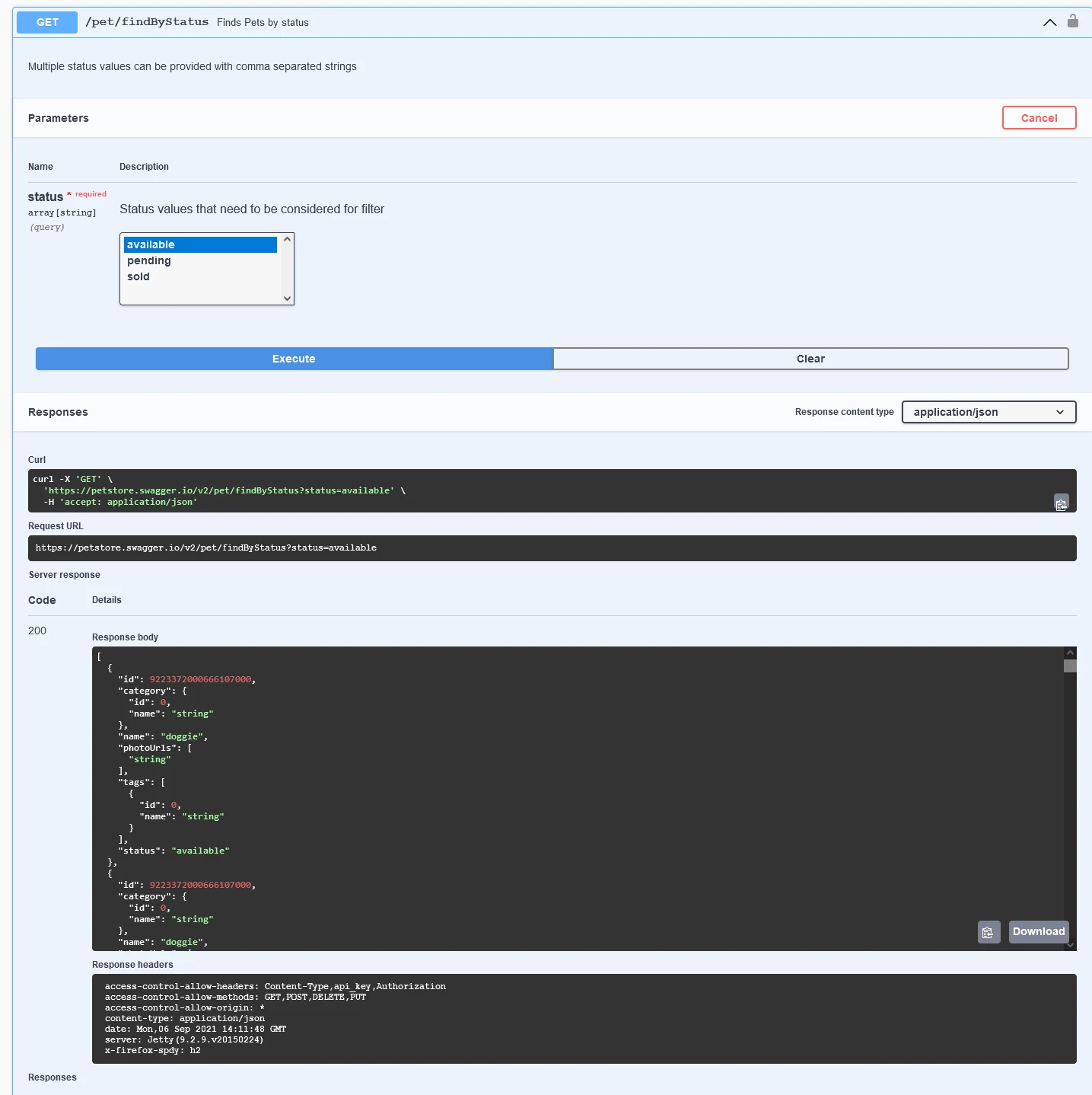 Respuesta del GET findByStatus