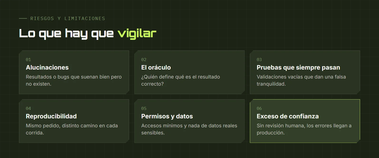 Seis riesgos del QA agéntico: alucinaciones, oráculo, pruebas que siempre pasan, reproducibilidad, permisos y exceso de confianza