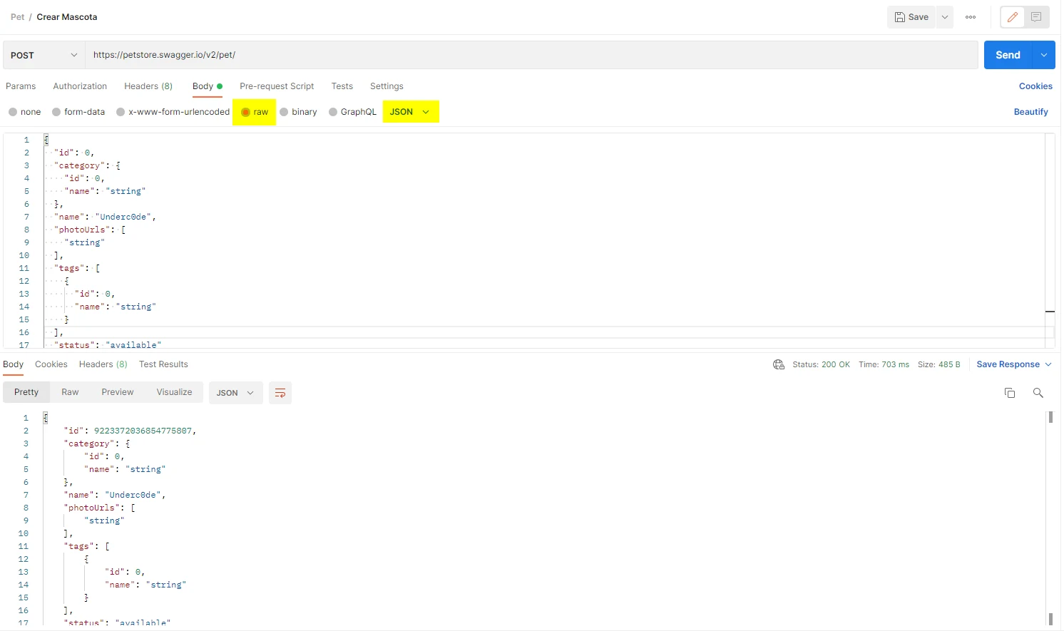 Request POST en Postman con body JSON