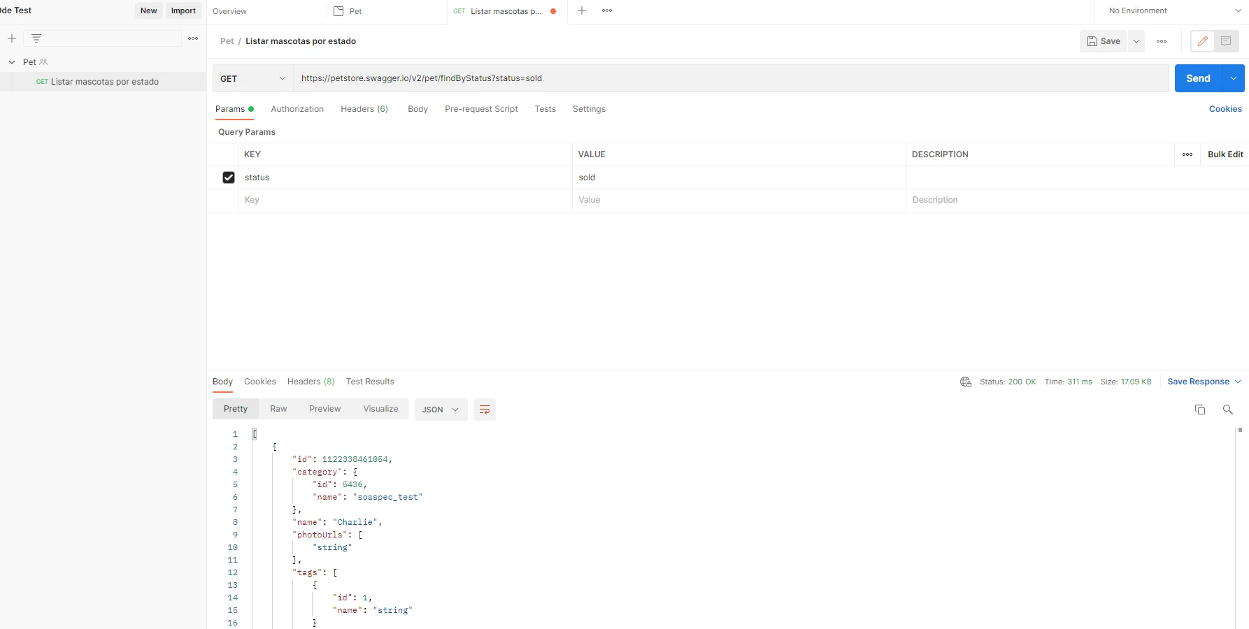 Request GET en Postman con la respuesta